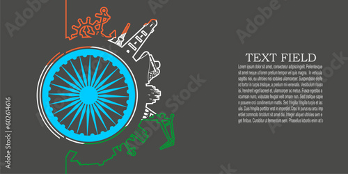 Circle with sea shipping and travel relative silhouettes. Objects located around the circle. Industrial design background. Flag of India