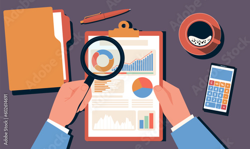 Businessman conducts data analysis and financial calculations. Man examines charts and diagrams, uses a magnifying glass, top view, statistic information. Cartoon flat isolated vector concept