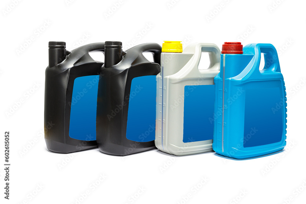 Plastic canister with compressor oil on a white background. Plastic canister with compressor oil on a white background.
