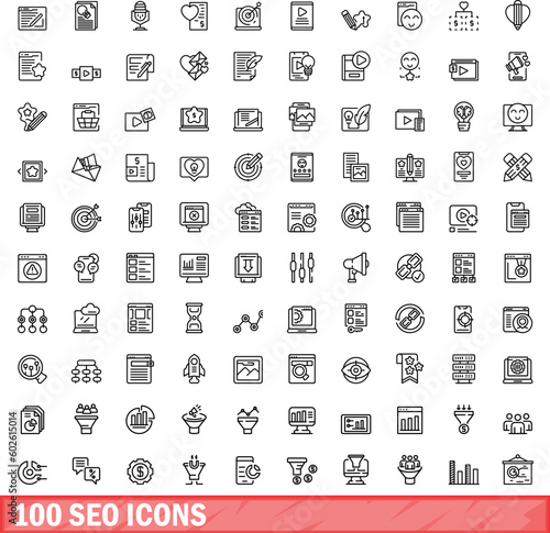 100 seo icons set. Outline illustration of 100 seo icons vector set isolated on white background