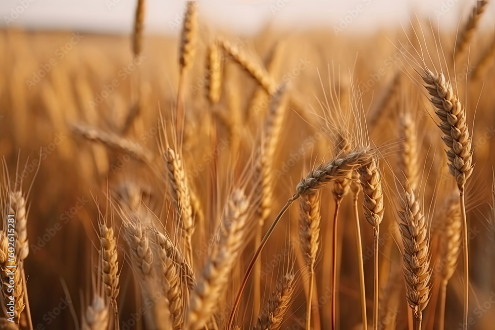 Obraz premium Big golden field of wheat. Harvesting yellow ripe wheat. Agricultural close up.