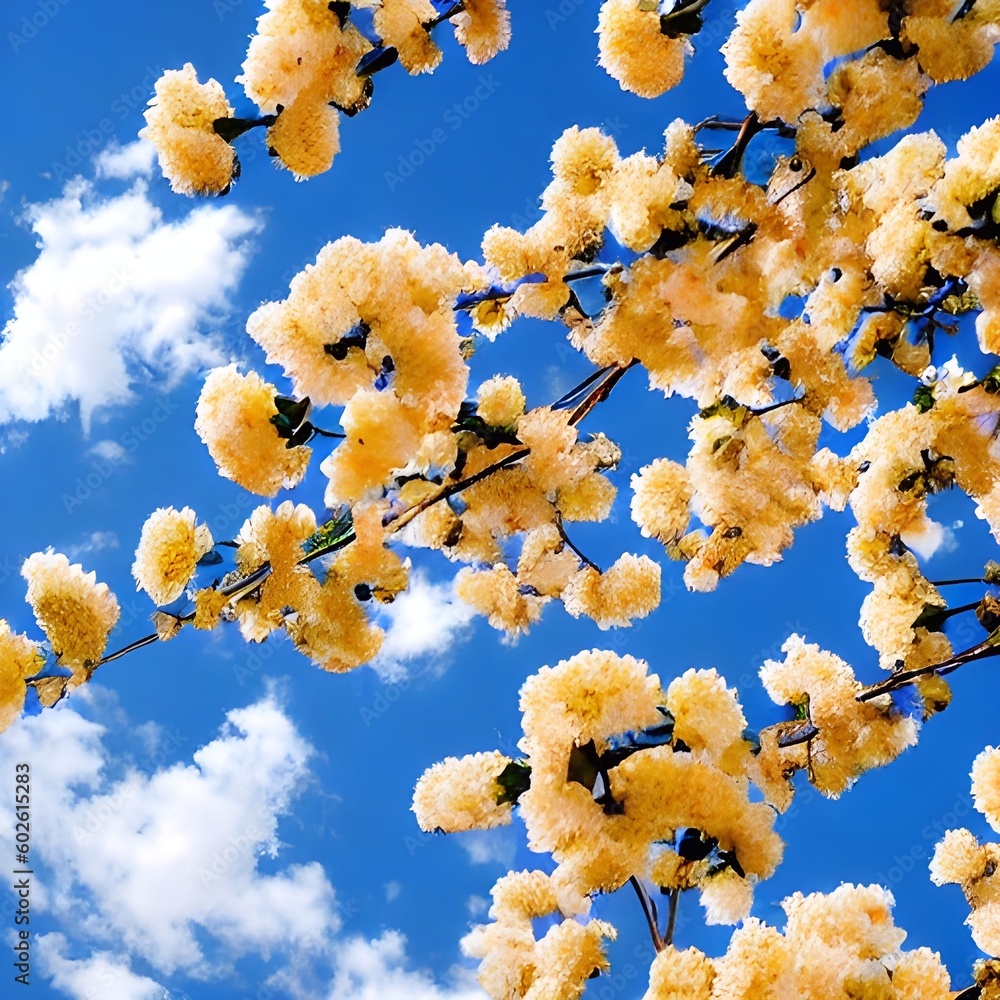 Beautiful cherry blossom flowers having background of sky. Generative AI. Beautiful cherry blossom flowers having background of sky. Generative AI.