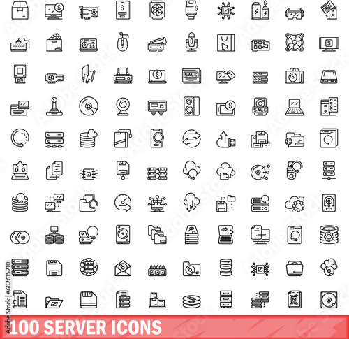 100 server icons set. Outline illustration of 100 server icons vector set isolated on white background