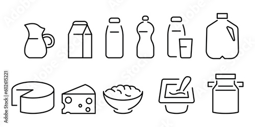Dairy and milk products editable stroke outline icons set isolated on white background flat vector illustration.