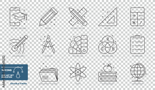 Line Art Collection Of Education Icons Set - Different Vector Illustrations Isolated On Transparent Background