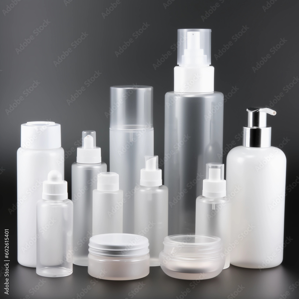 Blank and Ready for Customization: Beautiful Group of Skin Care and Beauty Product Bottles, Created by Generative AI Blank and Ready for Customization: Beautiful Group of Skin Care and Beauty Product Bottles, Created by Generative AI