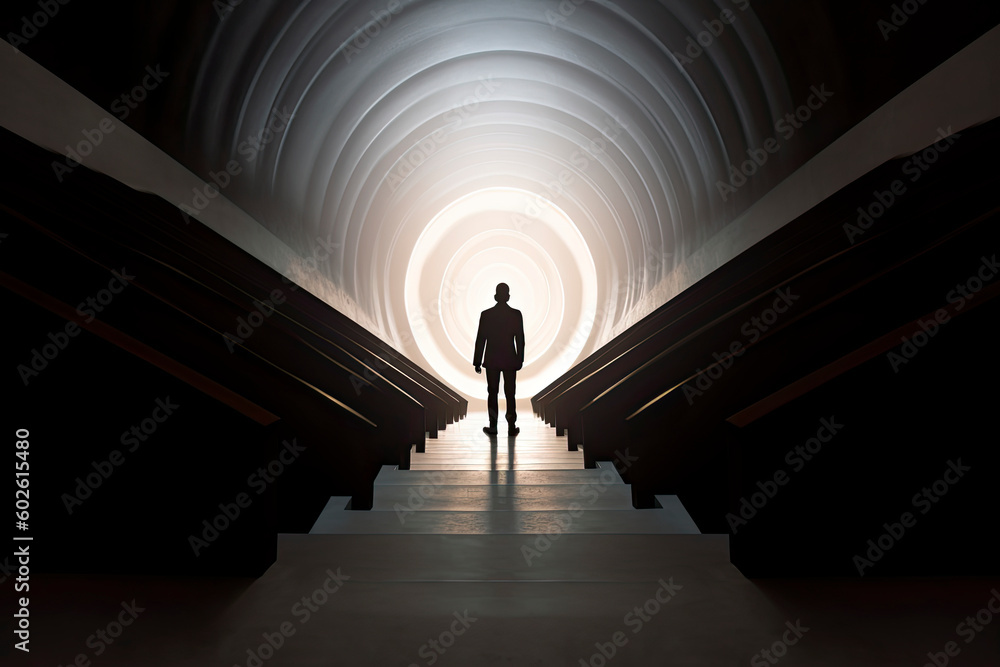 Business success and life in motion concept with man walking towards the light from wall hole in the middle of a huge dark hall with stairs