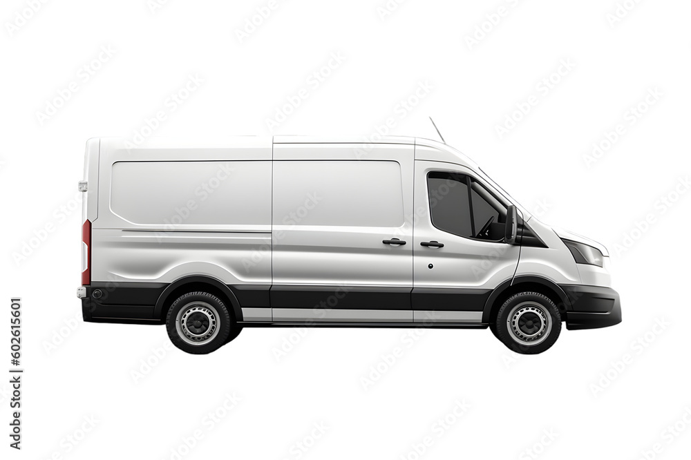 Clean blank white delivery van isolated, side view of plain car cargo carrier with transparent Background - obrazy, fototapety, plakaty 