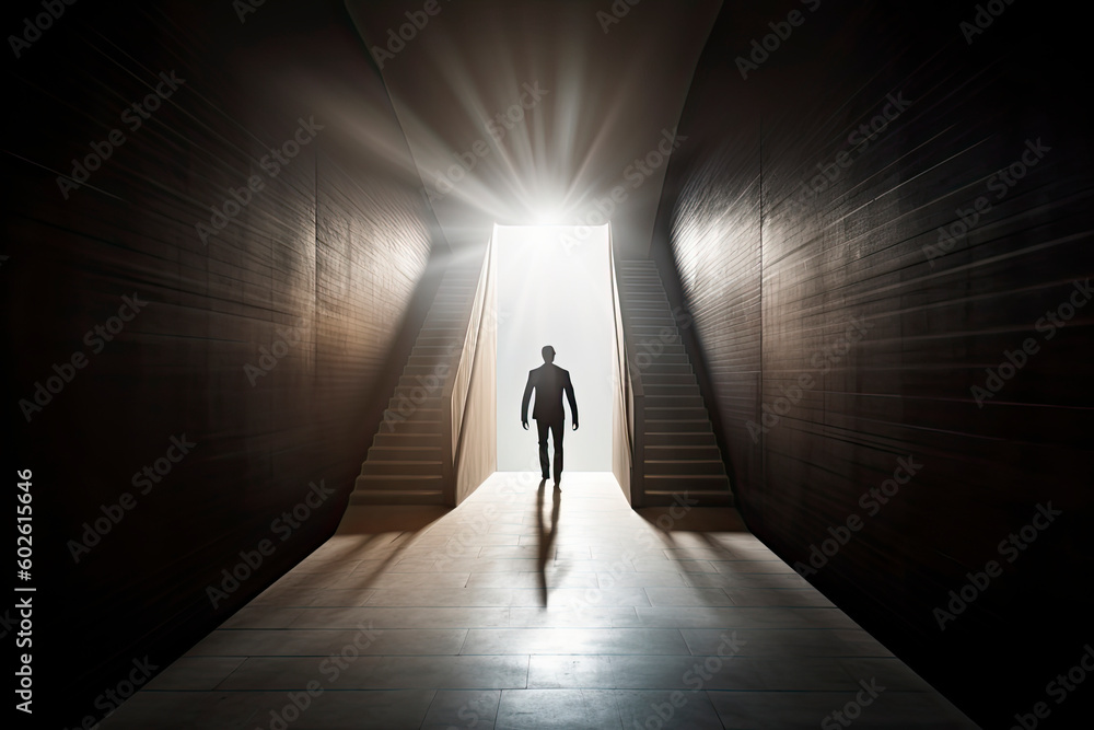 Fototapeta premium Business success and life in motion concept with man walking towards the light from wall hole in the middle of a huge dark hall with stairs