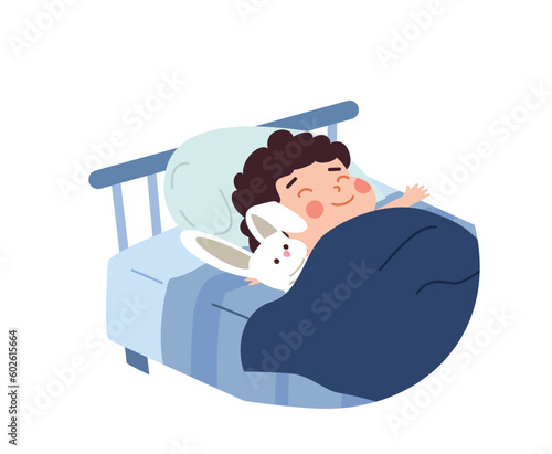 Boy lying under blanket sleeping with toy, flat vector illustration isolated.