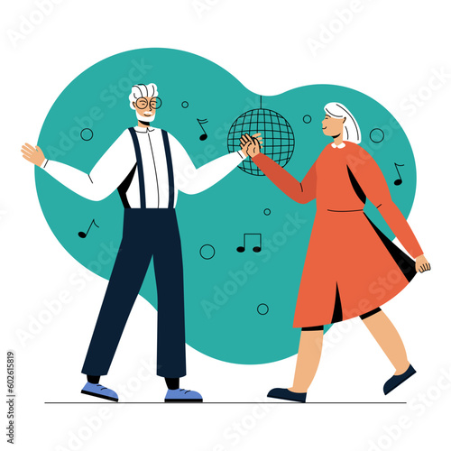 Elderly couple dancing to music and disco ball in a club illustration