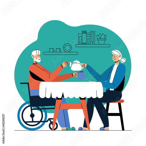 Illustration of elderly couple drinking tea at home