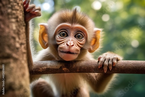 Playful baby monkey making a face at the camera
