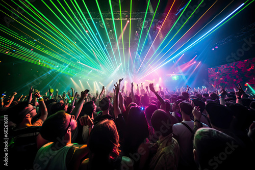 Colorful concert crowd in front of a lit stage inside a concert venue, during a music festival photo