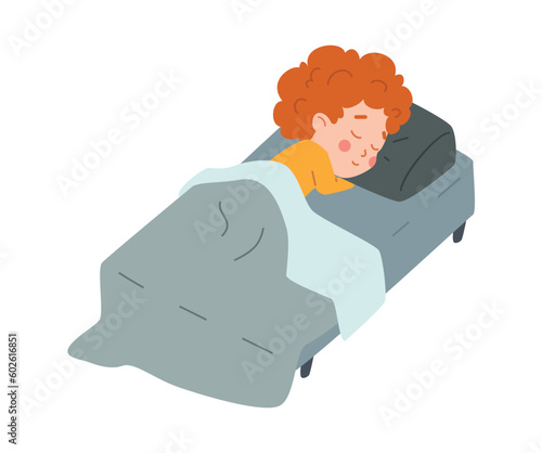 Cute ginger boy calmly sleeping in bed, flat vector illustration isolated on white background.
