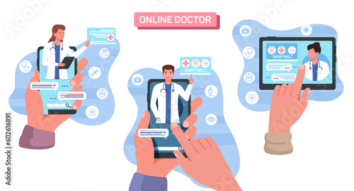 Vector set of online selecting specialist and discuss treatment via mobile app