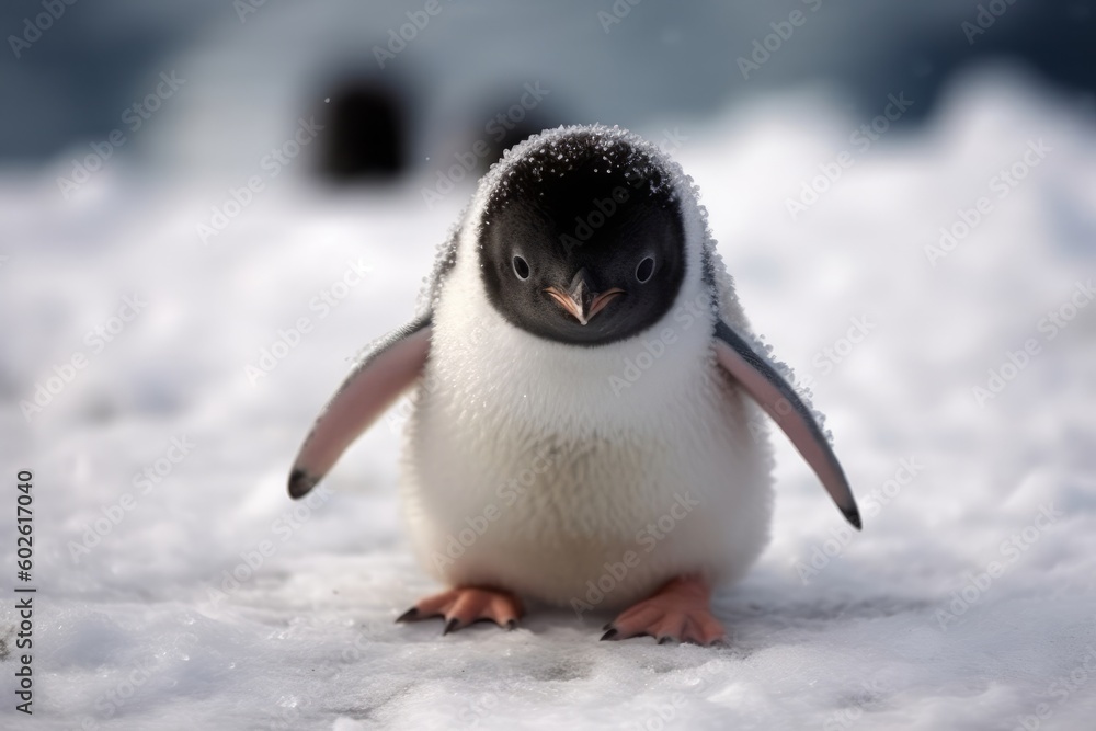 Fototapeta premium Goofy penguin chick slipping and sliding on ice