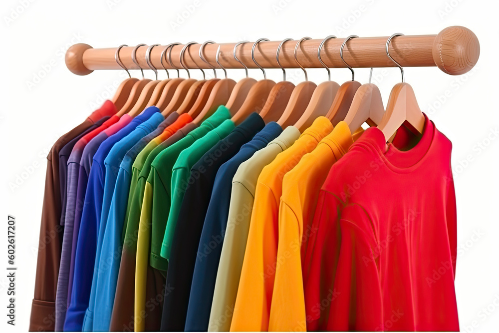Colors of rainbow. Variety of casual clothes on wooden hangers, isolated on white Colors of rainbow. Variety of casual clothes on wooden hangers, isolated on white
