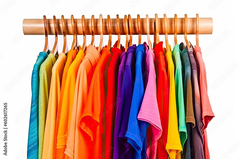 Colors of rainbow. Variety of casual clothes on wooden hangers, isolated on white Colors of rainbow. Variety of casual clothes on wooden hangers, isolated on white