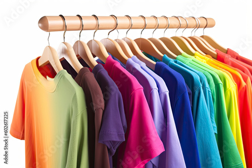 Colors of rainbow. Variety of casual clothes on wooden hangers, isolated on white