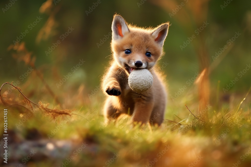 Adorable red fox kit playing with a toy
