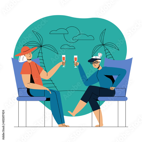 Illustration of older girlfriends on vacation clink glasses against palm trees