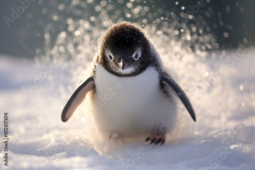 Goofy penguin chick slipping and sliding on ice