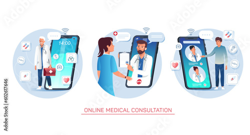 Person having consultation with doctor through mobile app vector set