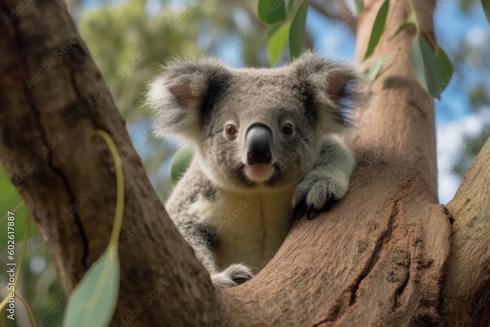 Fototapeta premium Cute koala napping in a tree with its arms spread wide