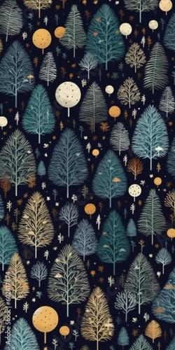 Night forest pattern, minimal, graphic poster design. AI generative