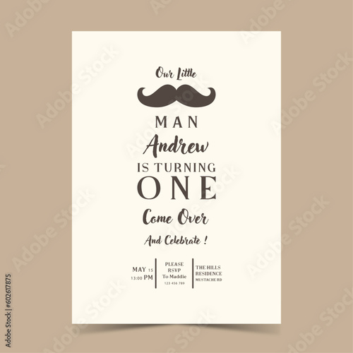 First birthday for little boy, turning one, vector illustration with mustache
