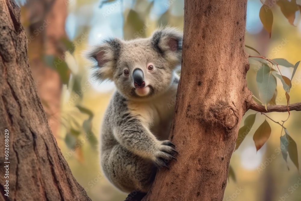 Obraz premium Cute koala napping in a tree with its arms spread wide