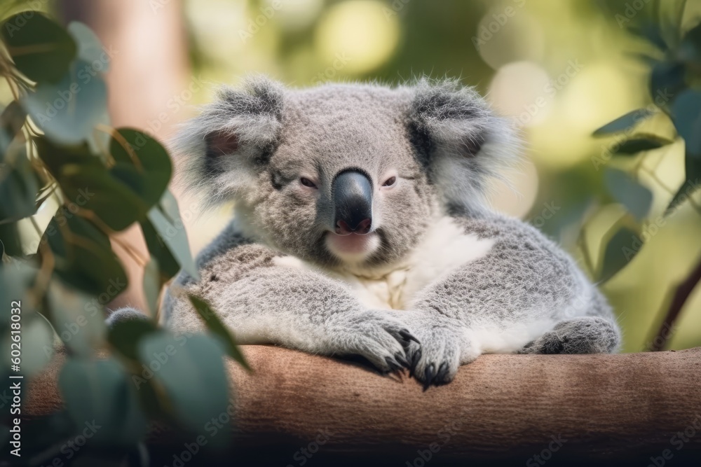 Fototapeta premium Cute koala napping in a tree with its arms spread wide