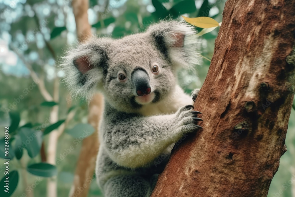 Fototapeta premium Cute koala napping in a tree with its arms spread wide