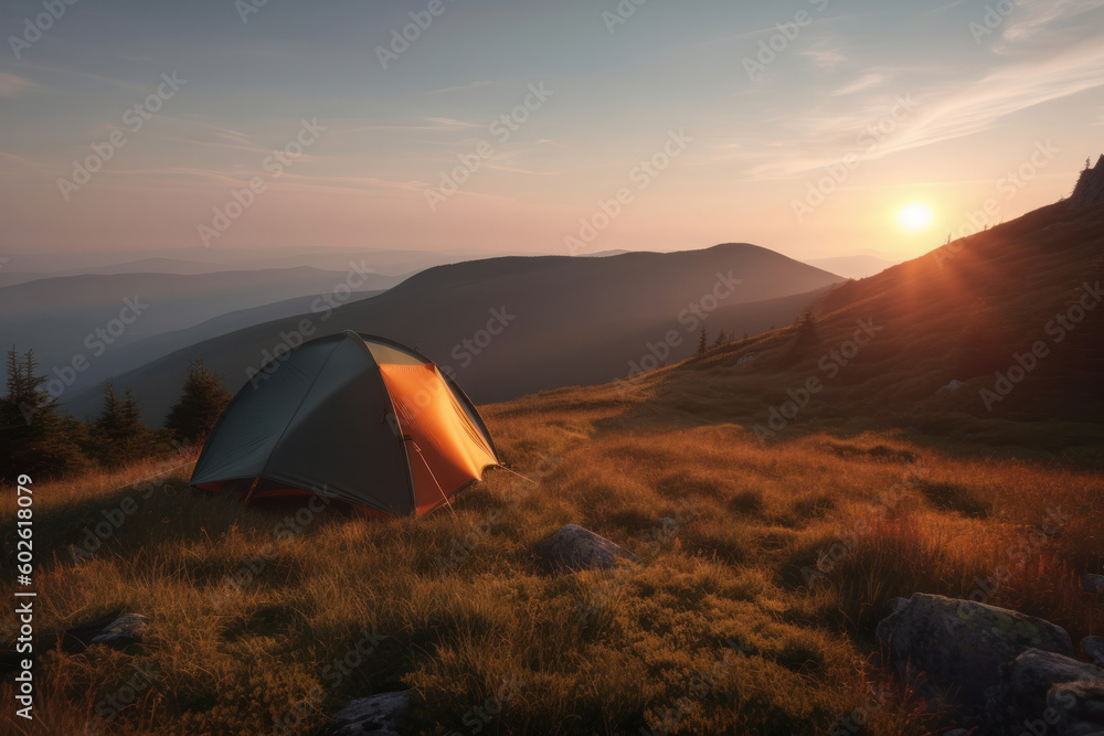 Experience the breathtaking beauty of nature in this stunning tent against a mountain backdrop at sunset is AI Generative.