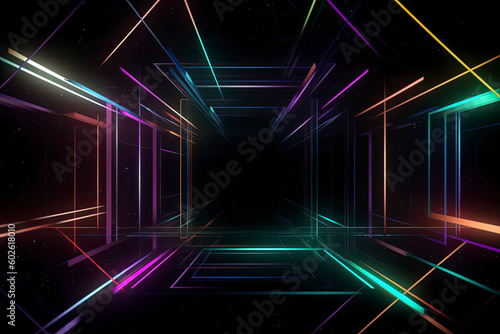 Dark abstract space with colorful geometric strips of light.