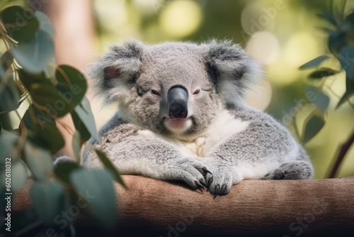 Cute koala napping in a tree with its arms spread wide