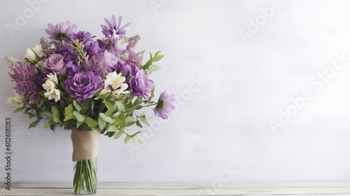 Purple and green flowers bouquet is in front of a white wooden wall with copy space, generative ai beautiful art photo
