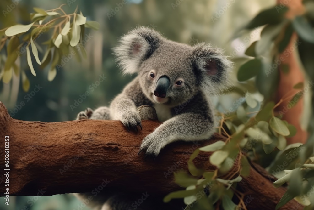 Fototapeta premium Cute koala napping in a tree with its arms spread wide