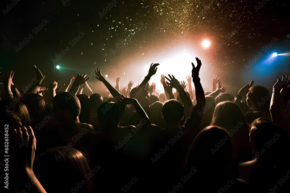 Colorful concert crowd in front of a lit stage inside a concert venue, during a music festival