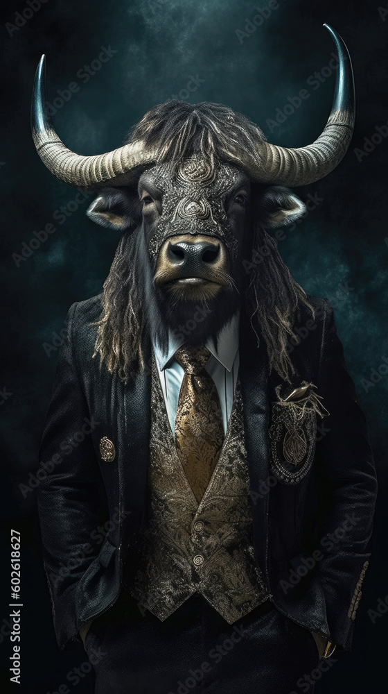 Wild Yak dressed in an elegant and modern suit with a nice tie. Fashion portrait of an anthropomorphic animal, bull, bison, shooted in a charismatic human attitude - Generative AI Wild Yak dressed in an elegant and modern suit with a nice tie. Fashion portrait of an anthropomorphic animal, bull, bison, shooted in a charismatic human attitude - Generative AI