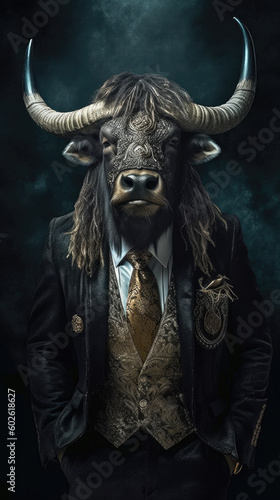 Wild Yak dressed in an elegant and modern suit with a nice tie. Fashion portrait of an anthropomorphic animal  bull  bison  shooted in a charismatic human attitude - Generative AI