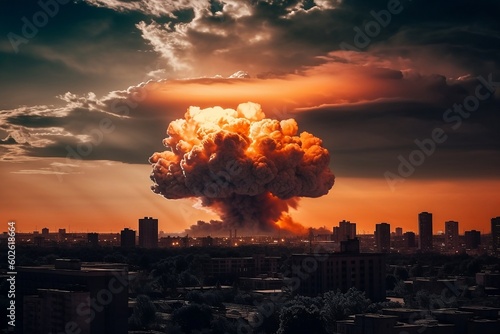 Explosion of nuclear bomb over city. The nuclear catastrophe. The mushroom cloud over the city. War in ukraine. Generative ai.
