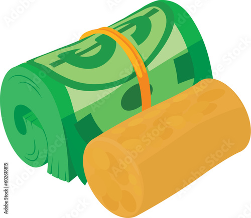 Alcohol production icon isometric vector. Wine cork near roll of dollar banknote. Winemaking, business, hobby