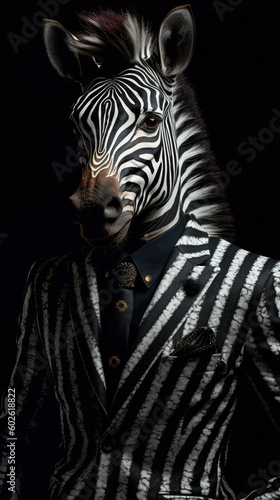 Zebra dressed in an elegant and modern suit with a nice tie. Fashion portrait of an anthropomorphic animal, shooted in a charismatic human attitude - Generative AI