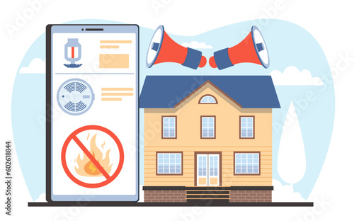 Home fire alarm, smoke detector, safety system. Smart house with electronic property protect device. Flame sensors, online equipment. Smartphone app cartoon flat isolated vector concept