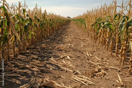 Drought in cultivated corn maize crop field