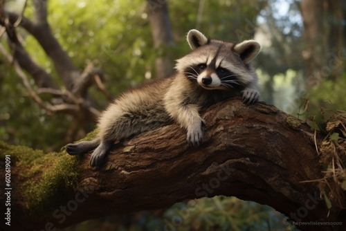 Chubby raccoon lounging on a tree branch