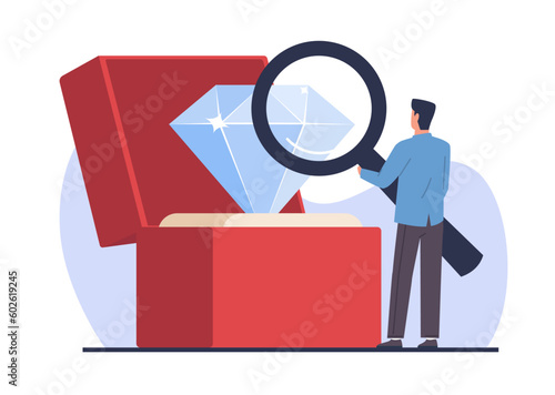 Jewelers appraiser looks at large diamond through magnifying glass. Man examines gemstone. Quality check process. Jewellery expert, male character cartoon flat isolated vector concept