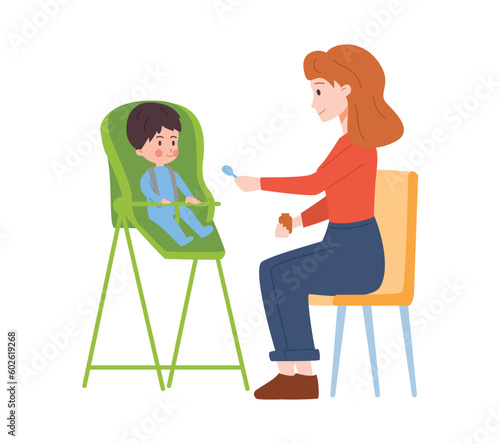 Mother or nanny feeding a child, cartoon vector illustration isolated on white.